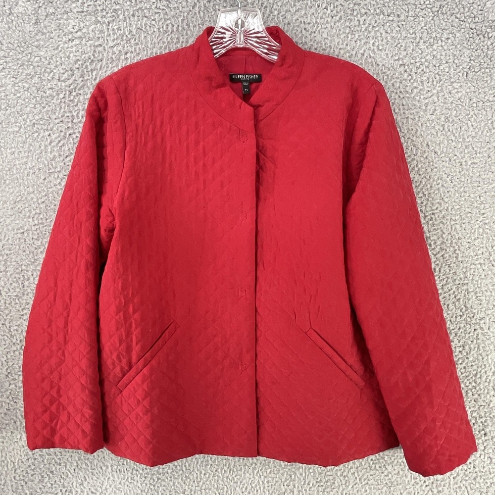 Eileen Fisher Jacket Womens PS Petite Red Quilted Silk Shell Lined‎ Stand Collar
